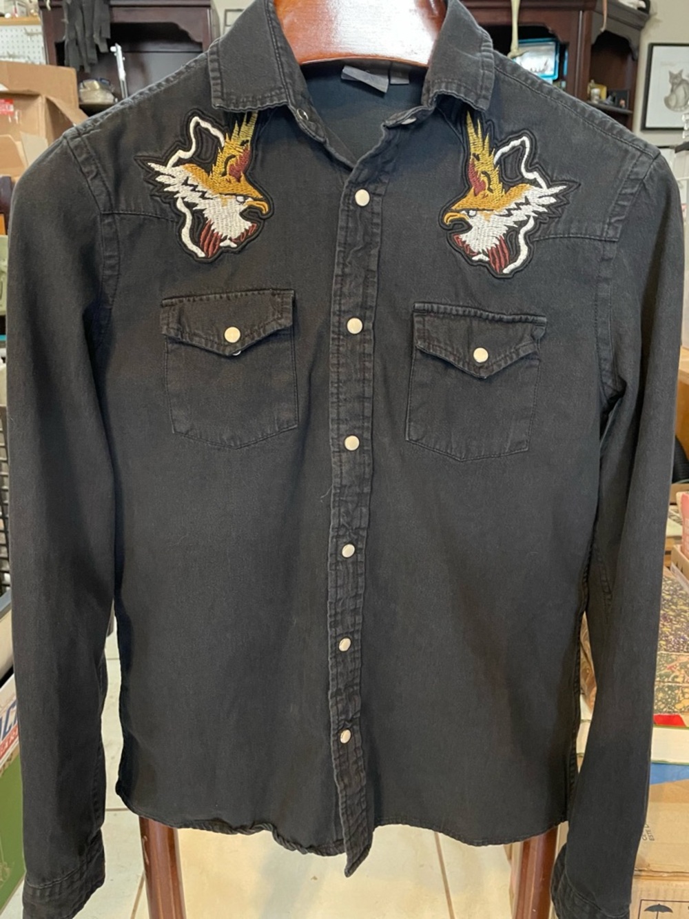 ASOS Black Western Button-Down Shirt with Embroidered Eagle Patches